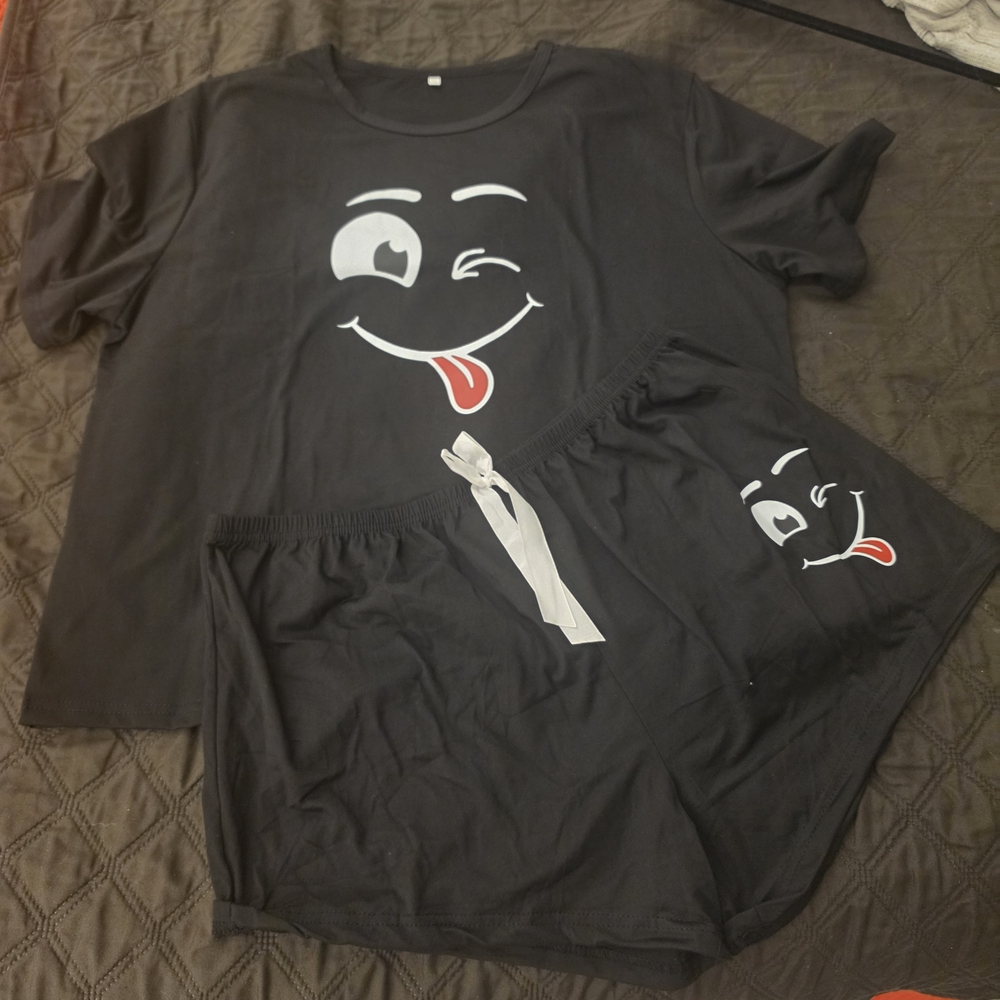 Black Smile Face Pajama Set with Red Tongue